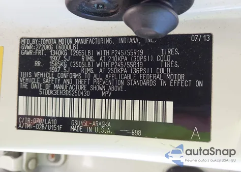 2013 Toyota Highlander Limited V6 z USA, uszkodzony, nr VIN 5TDDK3EH3DS250430